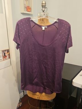 Set of Two Halogen Short Sleeve Scoop Neck Tops with Shoulder Studs